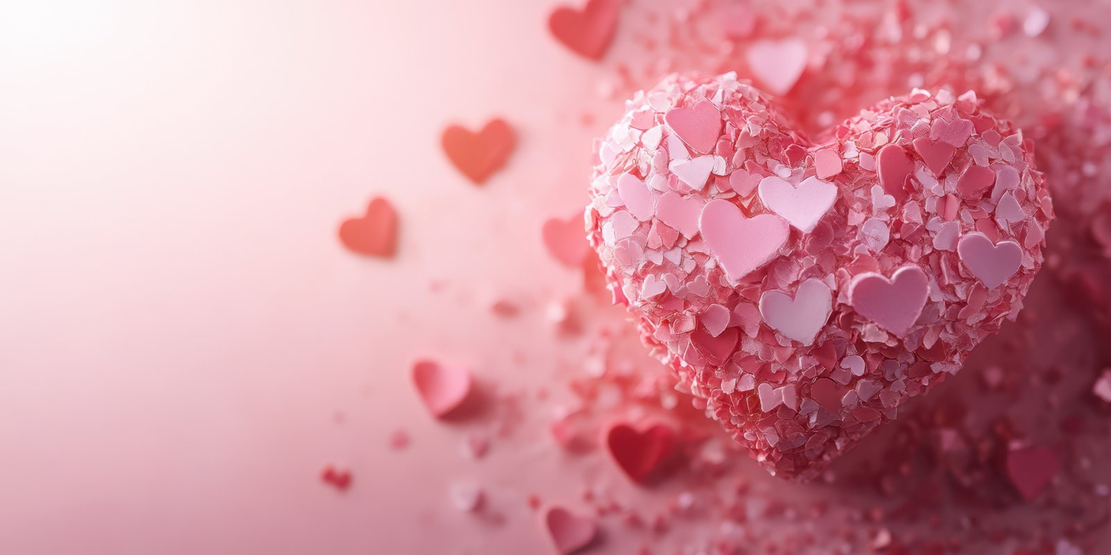 Colorful heart made of small pink and red hearts scattered on a soft pink background